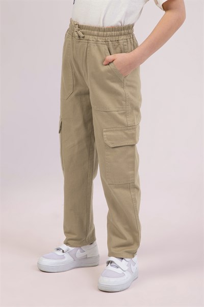 Dmb Erkek Çocuk Ayarlanabilir Lastikli Bel Düğme+Fermuar Kapama Kargo Cepli Dokuma Kot Jeans Pantolon Bej