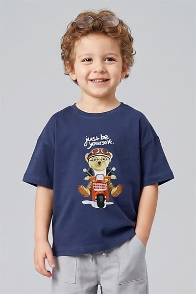 Erkek Çocuk Ayıcık Baskılı Tshirt 1-7 Yaş Mavi