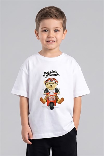 Erkek Çocuk Ayıcık Baskılı Tshirt 1-7 Yaş Beyaz
