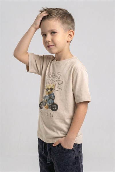 Erkek Çocuk Ayıcık Desenli Tshirt Bej 4-9 Yaş