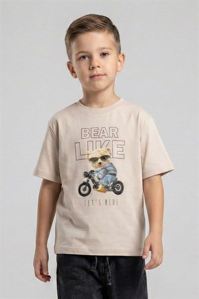 Erkek Çocuk Ayıcık Desenli Tshirt Bej 4-9 Yaş