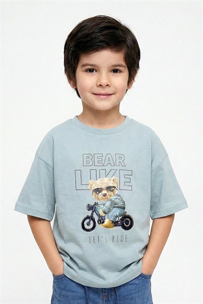 Erkek Çocuk Ayıcık Desenli Tshirt Mint 4-9 Yaş
