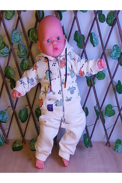 Erkek Çocuk Bebek Dinazor Desenli Kapşünlu Ve Fermuarlı 2 Li Takım