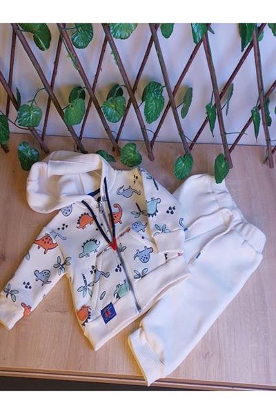 Erkek Çocuk Bebek Dinazor Desenli Kapşünlu Ve Fermuarlı 2 Li Takım