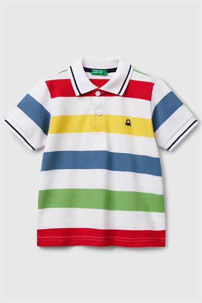 United Colors of Benetton Erkek Çocuk Çizgili Polo T shirt Beyaz 39QAG300V