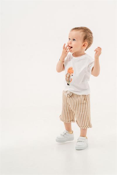 Erkek Çocuk Kahve Ayıcık Desenli  Basic Tişörtlü Keten  Şortlu Takım