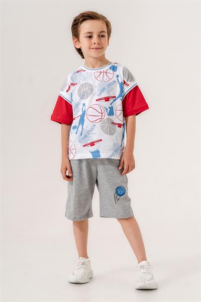 Erkek Çocuk Kırmızı Kollu Basic Baketboll Desenli Tişörtlü Şortlu Takım