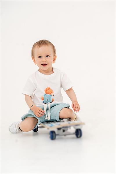 Erkek Çocuk Mavi Ayıcık Desenli  Basic Tişörtlü Keten  Şortlu Takım