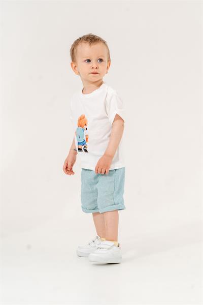 Erkek Çocuk Mavi Ayıcık Desenli  Basic Tişörtlü Keten  Şortlu Takım