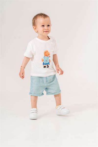 Erkek Çocuk Mavi Ayıcık Desenli  Basic Tişörtlü Keten  Şortlu Takım