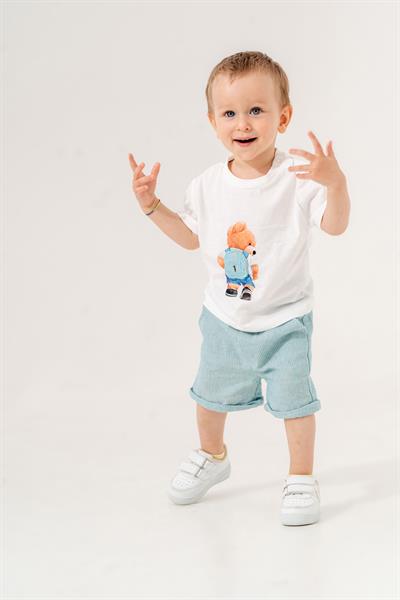 Erkek Çocuk Mavi Ayıcık Desenli  Basic Tişörtlü Keten  Şortlu Takım