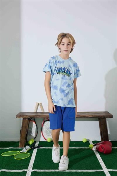 Erkek Çocuk  Mavi Batik Desenli Şortlu  Pijama Takımı