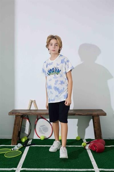 Erkek Çocuk  Mavi Batik Desenli Şortlu  Pijama Takımı