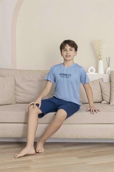 Erkek Çocuk  Mavi Desenli Şortlu  Pijama Takımı
