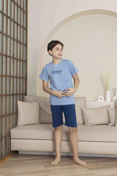 Erkek Çocuk  Mavi Desenli Şortlu  Pijama Takımı