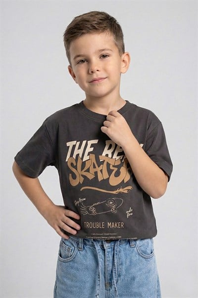 Erkek Çocuk Paten Baskılı Tshirt Füme 4-9 Yaş