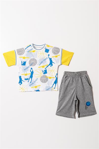 Erkek Çocuk Sarı Kollu Basic Baketboll Desenli Tişörtlü Şortlu Takım