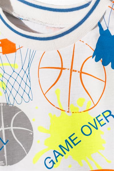 Erkek Çocuk Sarı Kollu Basic Baketboll Desenli Tişörtlü Şortlu Takım