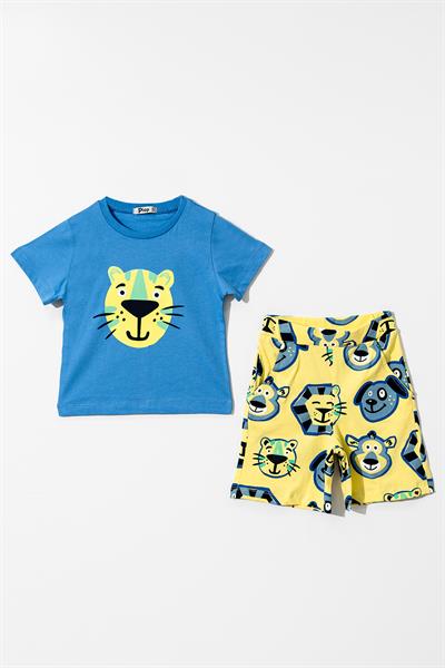 Erkek Çocuk Sax Mavi Basic Tişörtlü Animal Desenli Şortlu Takım