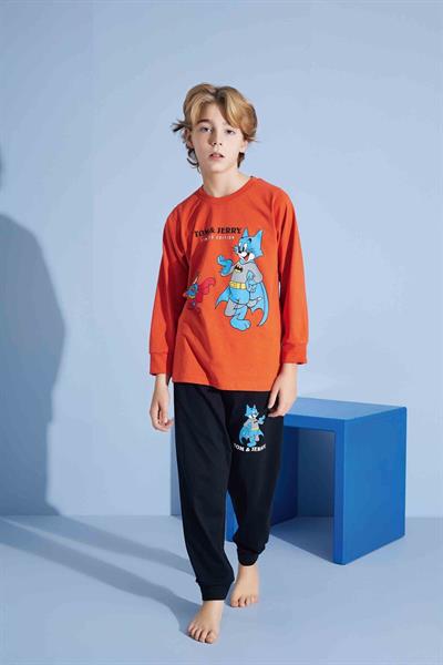 Erkek Çocuk Sevimli Kedi Desenli Uzun Kollu Pijama Takımı