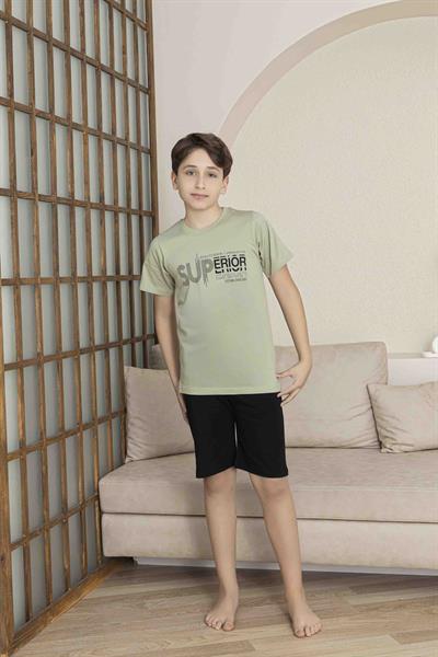 Erkek Çocuk  Yeşil Desenli Şortlu  Pijama Takımı