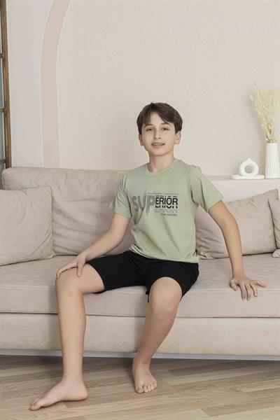Erkek Çocuk  Yeşil Desenli Şortlu  Pijama Takımı