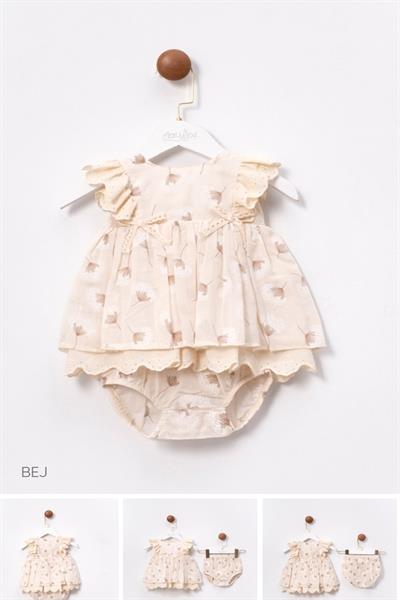 Kız Bebek Bej Çiçek Desenli Elbise Kilotlu Takım