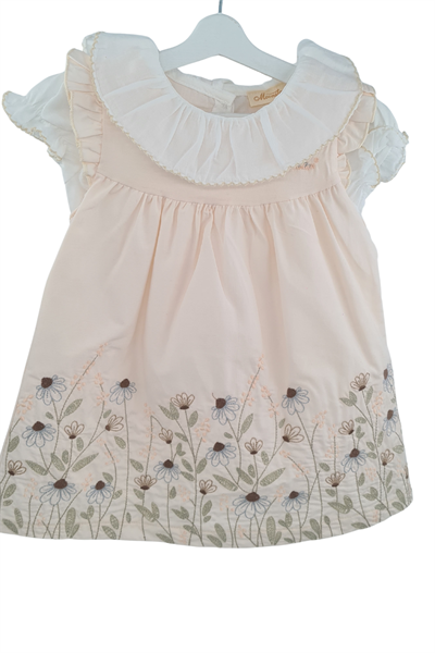 Kız Bebek Bej Çiçek İşlemeli Elbise  Fırfıtlı Yaka Gömlekli  Takım