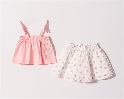 Kız Bebek Çocuk Askılı Pembe Tişört  Çiçekli Etekli Takım