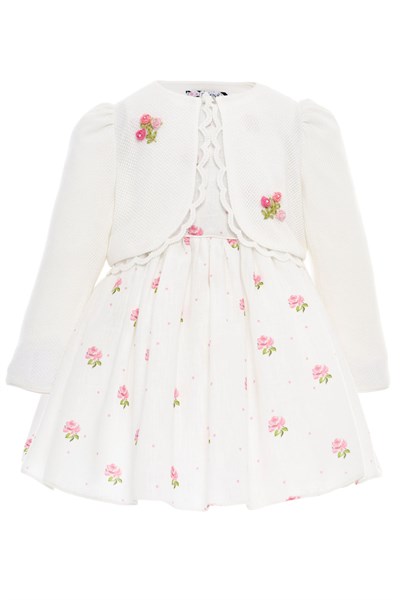 Kız Bebek İşlemeli Gül Desenli Elbise ve Ceket Takımı Bayram - Doğum Günü - PartiElbisesi 6-24 AY 36385PR-Ekru