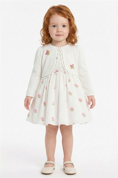 Kız Bebek İşlemeli Gül Desenli Elbise ve Ceket Takımı Bayram - Doğum Günü - PartiElbisesi 6-24 AY 36385PR-Ekru