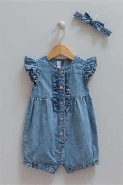 Kız Bebek Kot Tulum Kot Kurdele Detaylı Taçlı