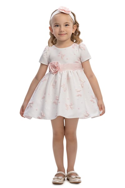 Kız Bebek Kurdele Motifli ve Çiçekli Saç Bandı Detaylı Doğum Günü - PartiElbisesi 6-24 AY 36171PR-Pembe