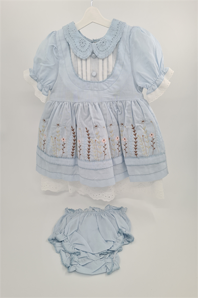Kız Bebek Mavi Çiçek İşlemeli Fistolu Elbise Kilotlu Takım