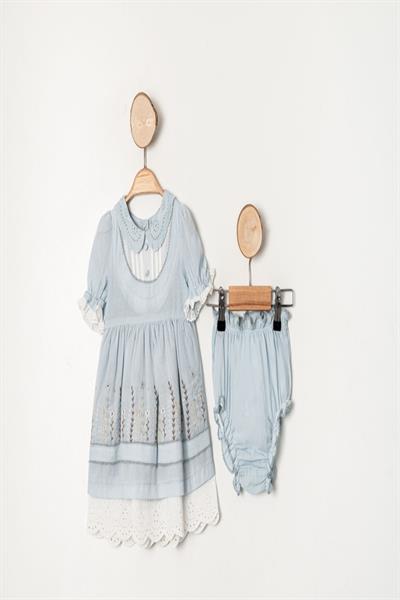 Kız Bebek Mavi Çiçek İşlemeli Fistolu Elbise Kilotlu Takım