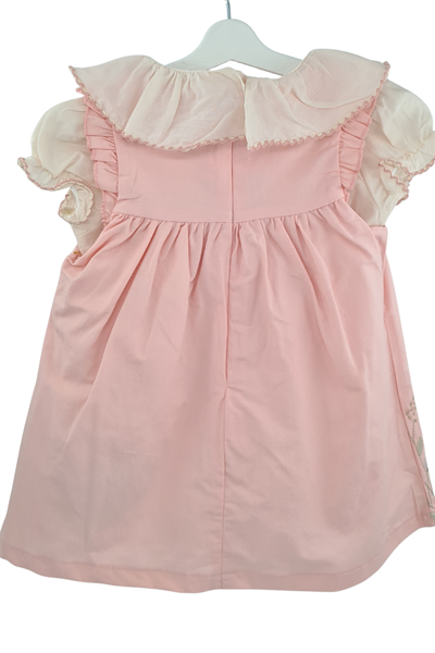 Kız Bebek Pudra Çiçek İşlemeli Elbise  Fırfıtlı Yaka Gömlekli  Takım
