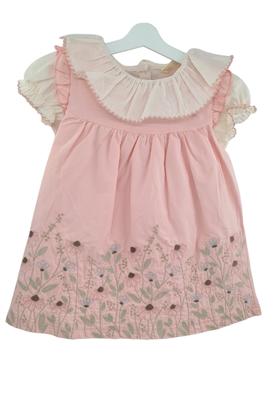 Kız Bebek Pudra Çiçek İşlemeli Elbise  Fırfıtlı Yaka Gömlekli  Takım
