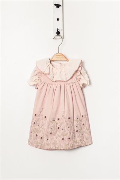 Kız Bebek Pudra Çiçek İşlemeli Elbise  Fırfıtlı Yaka Gömlekli  Takım