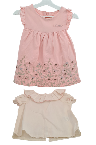 Kız Bebek Pudra Çiçek İşlemeli Elbise  Fırfıtlı Yaka Gömlekli  Takım