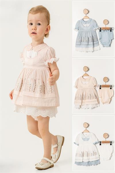 Kız Bebek Pudra Çiçek İşlemeli Fistolu Elbise Kilotlu Takım