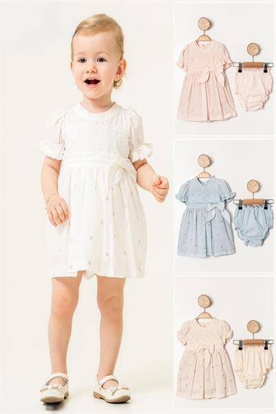 Kız Bebek Pudra Puantiye İşlemeli Kurdeleli Elbise Kilotlu Takım