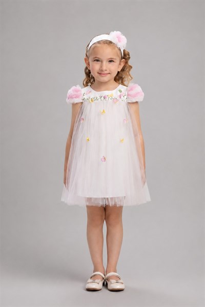 Kız Bebek Tül ve Kelebek  Detaylı Elbise Ekru (6-24 Ay) 36075PR
