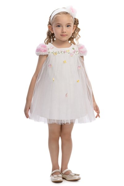 Kız Bebek Tül ve Kelebek  Detaylı Elbise Ekru (6-24 Ay) 36075PR