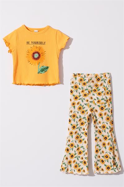 Kız Çocuk Ayçiçekli Desenli İspanyol Paça Pantalonlu Takım