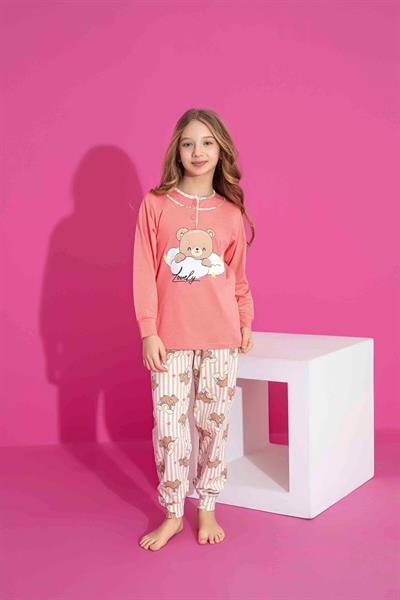 Kız Çocuk Ayıcık Desenli Uzun Kollu Pijama Takımı
