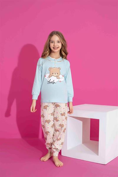 Kız Çocuk Ayıcık Desenli Uzun Kollu Pijama Takımı