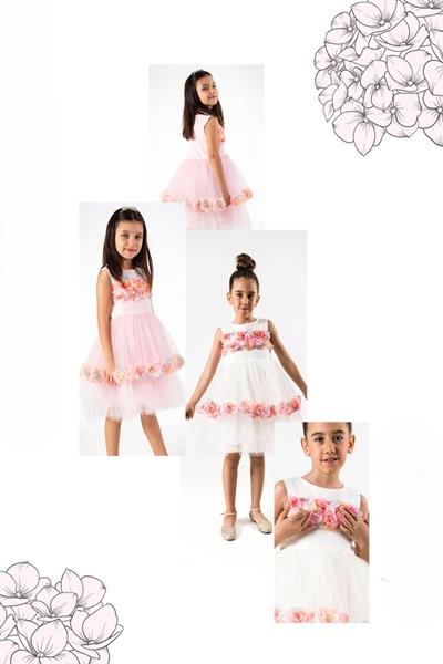 Kız Çocuk Beyaz Abiye Renkli Gül Aksesuarlı  Desenli Tüllü Elbise