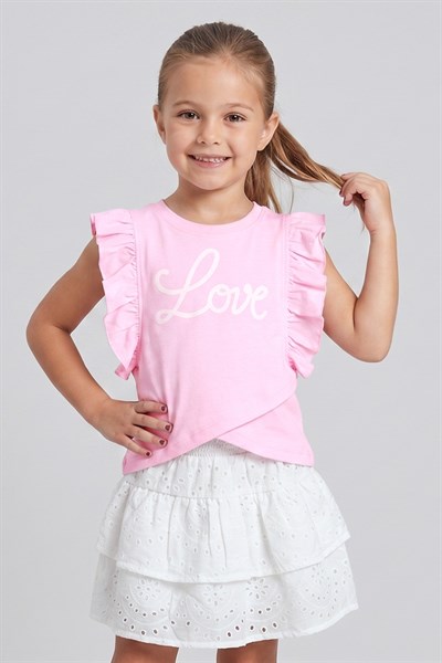 Kız Çocuk Brode Etek Tshirt  2li Takım Pembe 2-7 Yaş