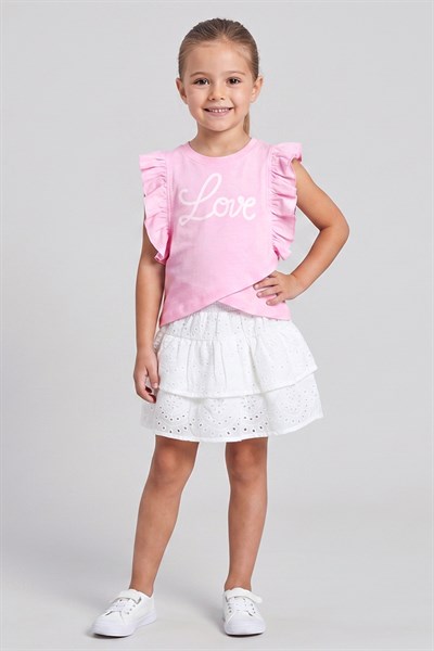 Kız Çocuk Brode Etek Tshirt  2li Takım Pembe 2-7 Yaş