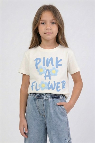Kız Çocuk Çiçek İşlemeli Tshirt Mavi 4-9 Yaş